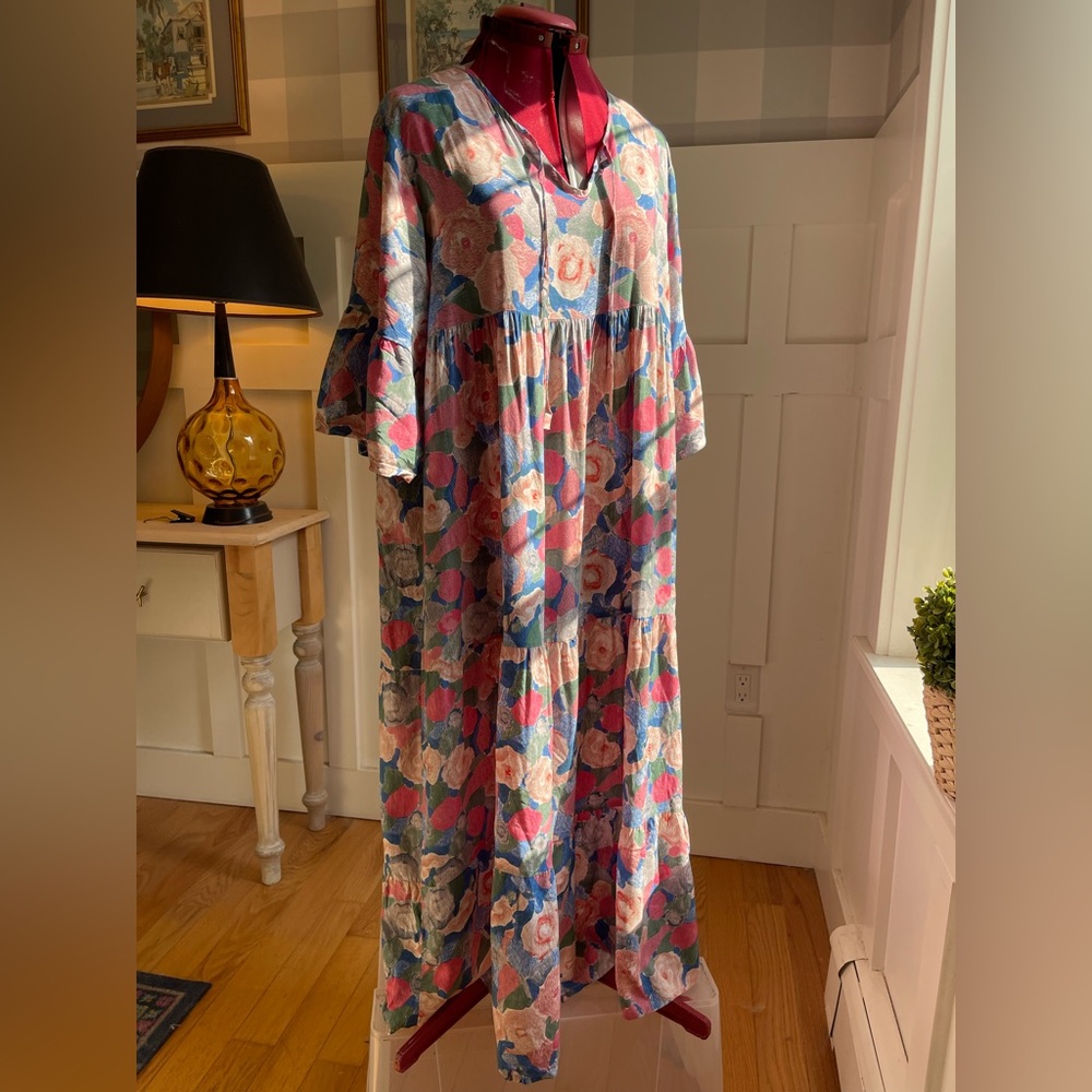 Boho Floral Tiered Maxi Dress in Pink & Blue